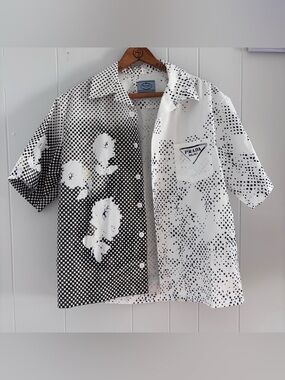 Men’s Prada White Shirt with Light Gray Dot Pattern Small